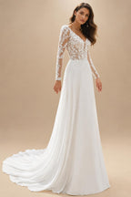 Long Sleeve Wedding Dress 2026 Boho Beach Illusion Backless A Line Chiffon Bridal Gown Lace Robe De Mariée Customize