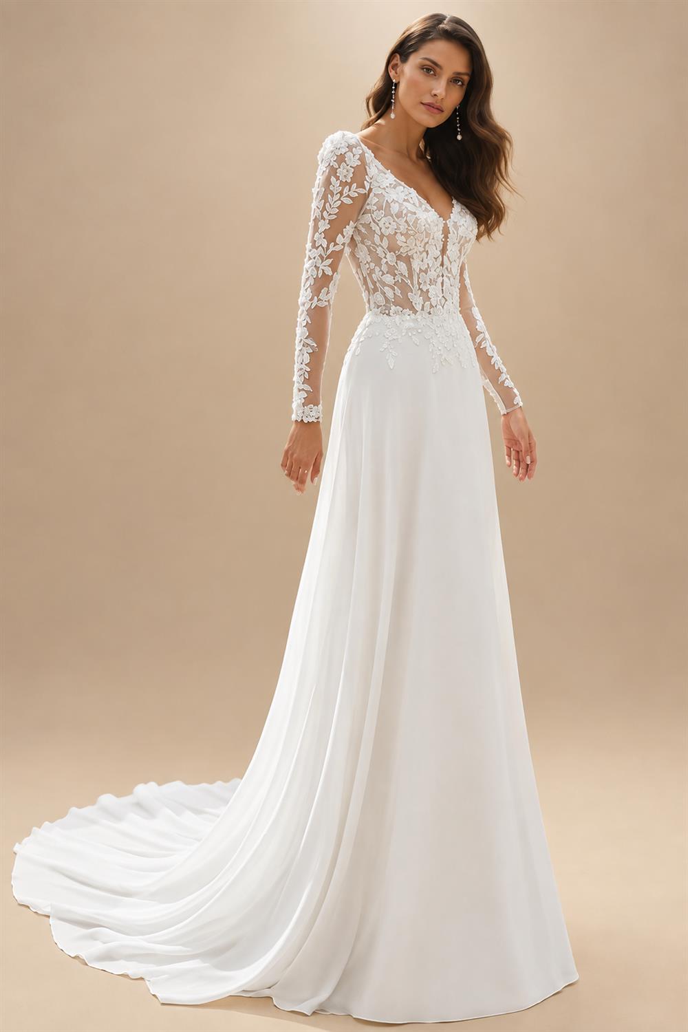Long Sleeve Wedding Dress 2026 Boho Beach Illusion Backless A Line Chiffon Bridal Gown Lace Robe De Mariée Customize