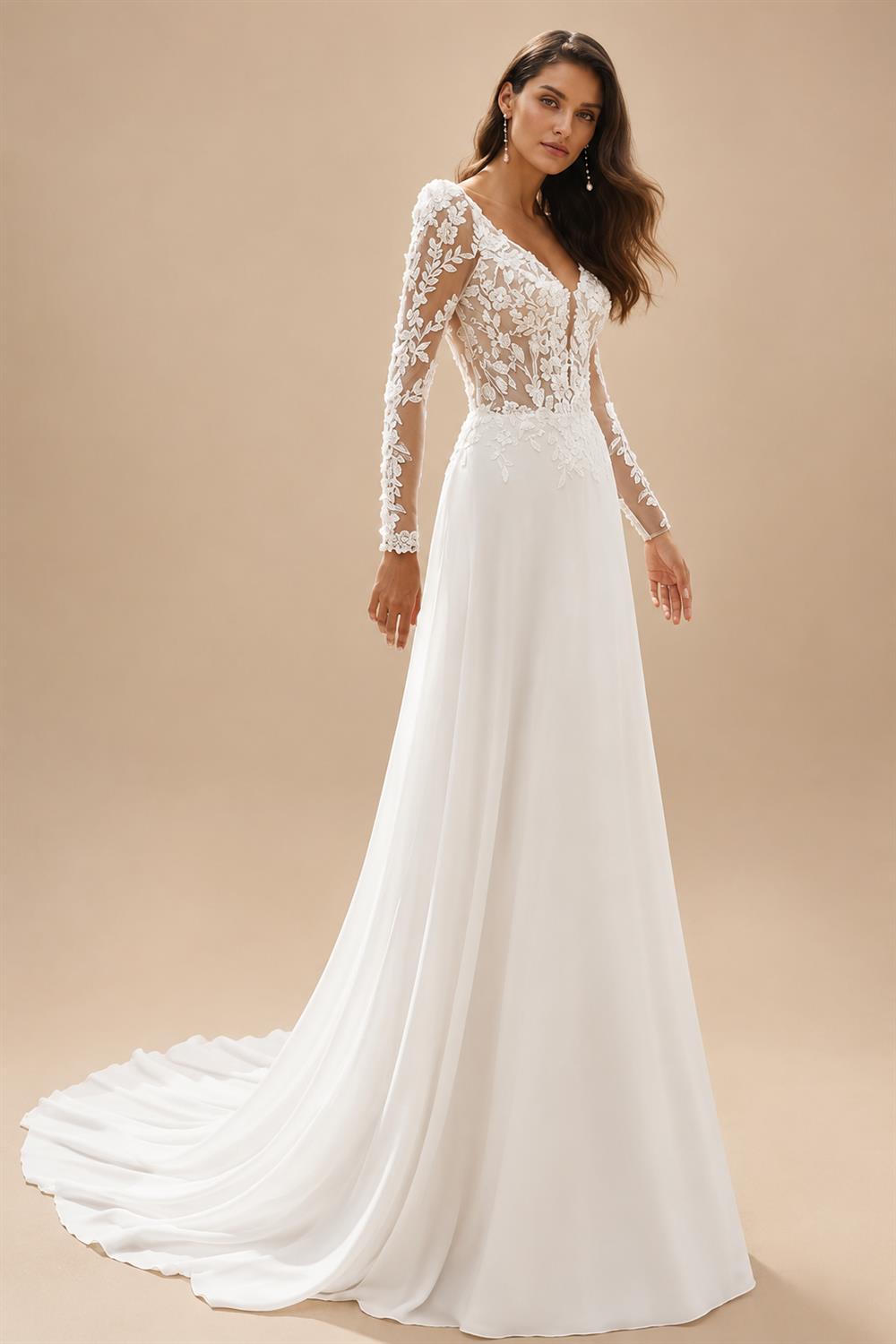 Long Sleeve Wedding Dress 2026 Boho Beach Illusion Backless A Line Chiffon Bridal Gown Lace Robe De Mariée Customize