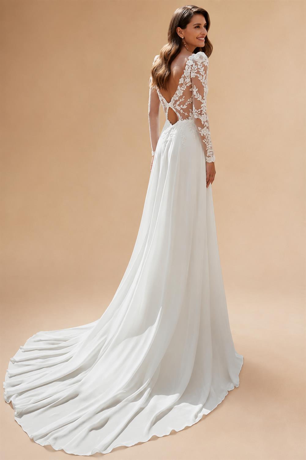 Long Sleeve Wedding Dress 2026 Boho Beach Illusion Backless A Line Chiffon Bridal Gown Lace Robe De Mariée Customize