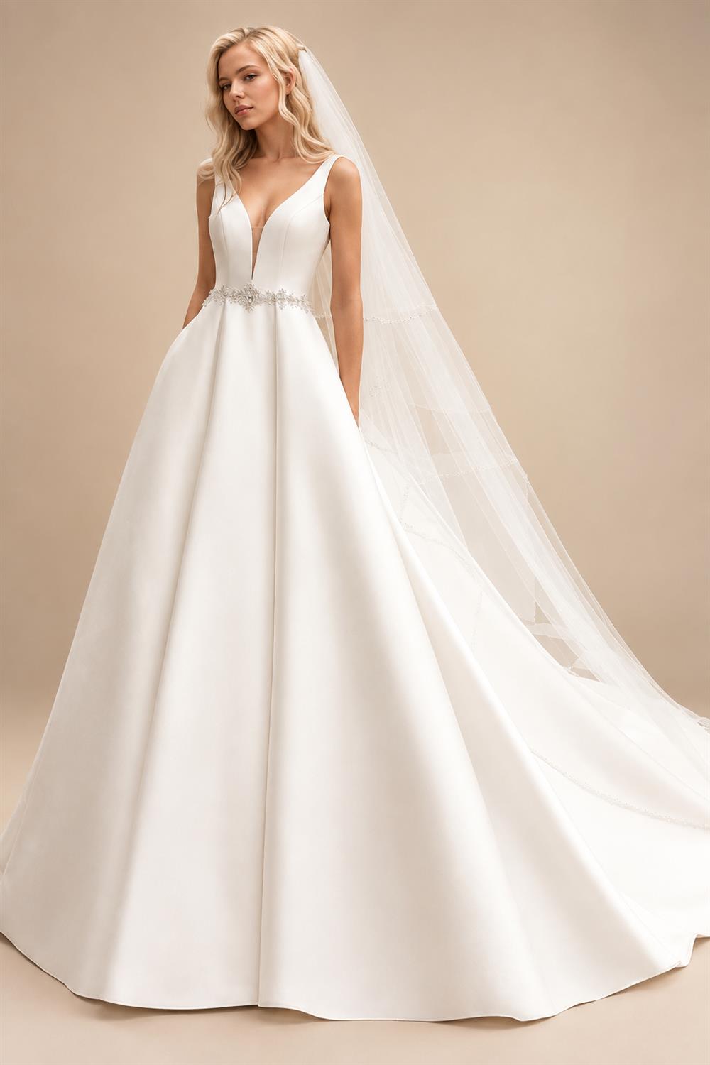 Sexy Plunging V Neck Satin Wedding Dresses with Belt New A Line Bridal Gowns Vestidos De Nova Customized