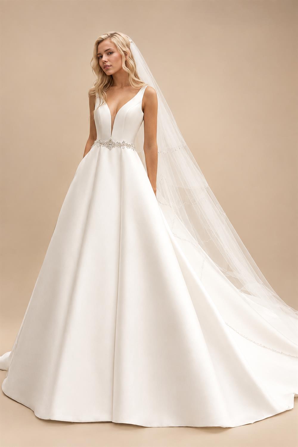 Sexy Plunging V Neck Satin Wedding Dresses with Belt New A Line Bridal Gowns Vestidos De Nova Customized