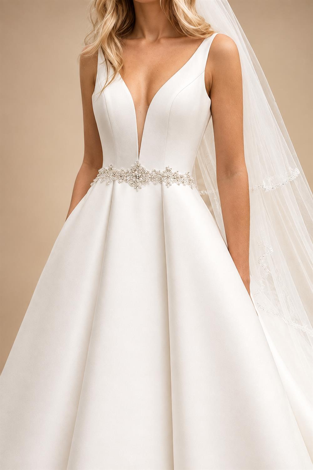 Sexy Plunging V Neck Satin Wedding Dresses with Belt New A Line Bridal Gowns Vestidos De Nova Customized