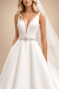 Sexy Plunging V Neck Satin Wedding Dresses with Belt New A Line Bridal Gowns Vestidos De Nova Customized