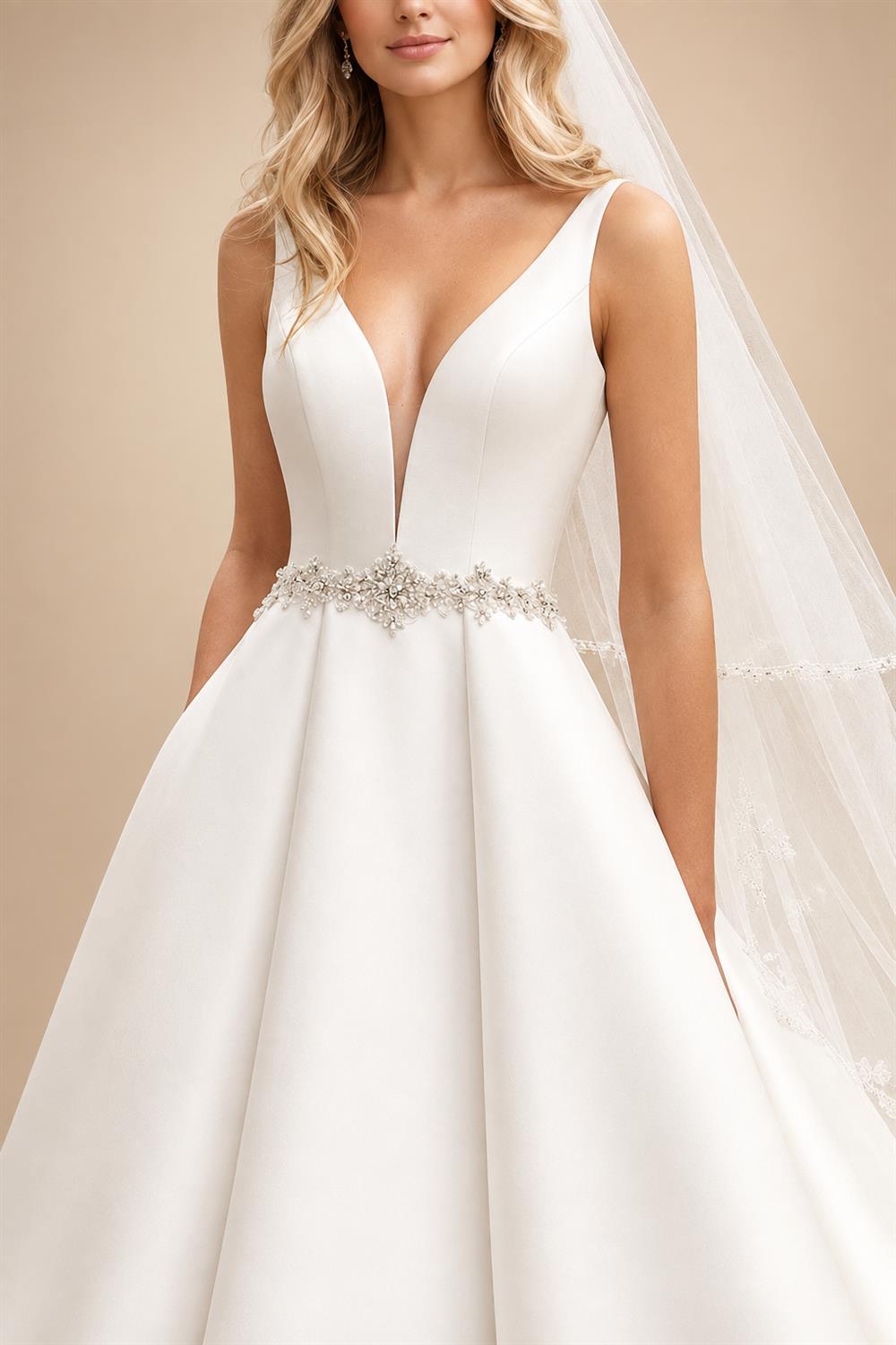 Sexy Plunging V Neck Satin Wedding Dresses with Belt New A Line Bridal Gowns Vestidos De Nova Customized