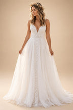 Boho Spaghetti Straps Wedding Dresses Cheap Sexy Bride Lace Beach Wedding Gown V Neck Customized