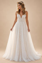 Boho Spaghetti Straps Wedding Dresses Cheap Sexy Bride Lace Beach Wedding Gown V Neck Customized