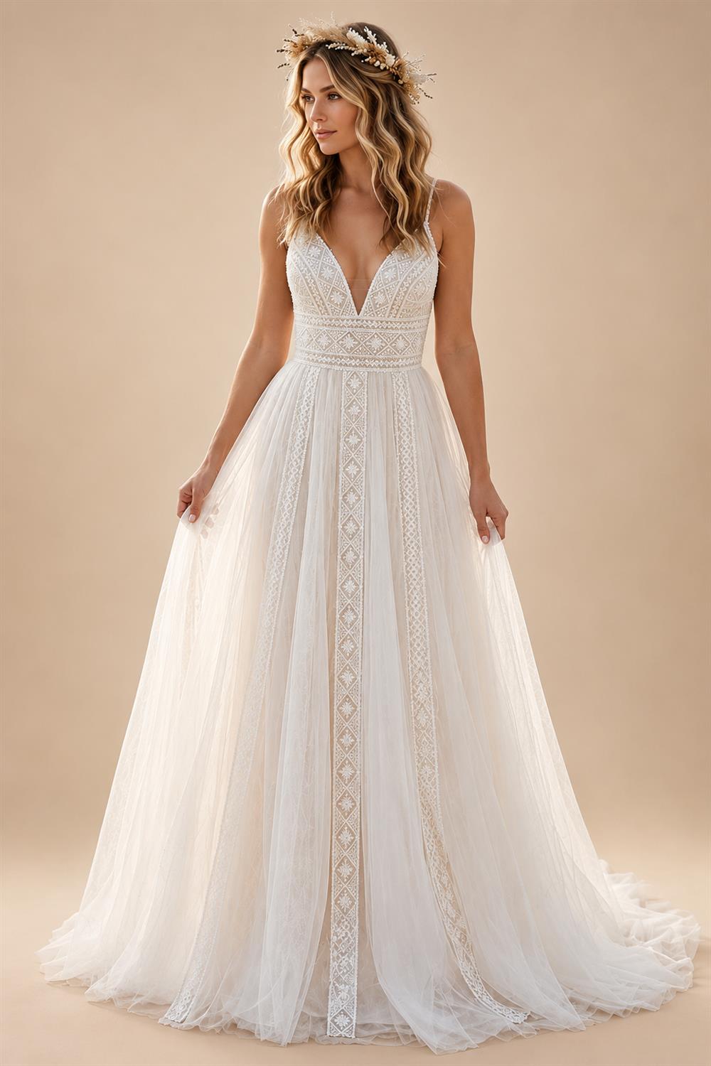 Boho Spaghetti Straps Wedding Dresses Cheap Sexy Bride Lace Beach Wedding Gown V Neck Customized