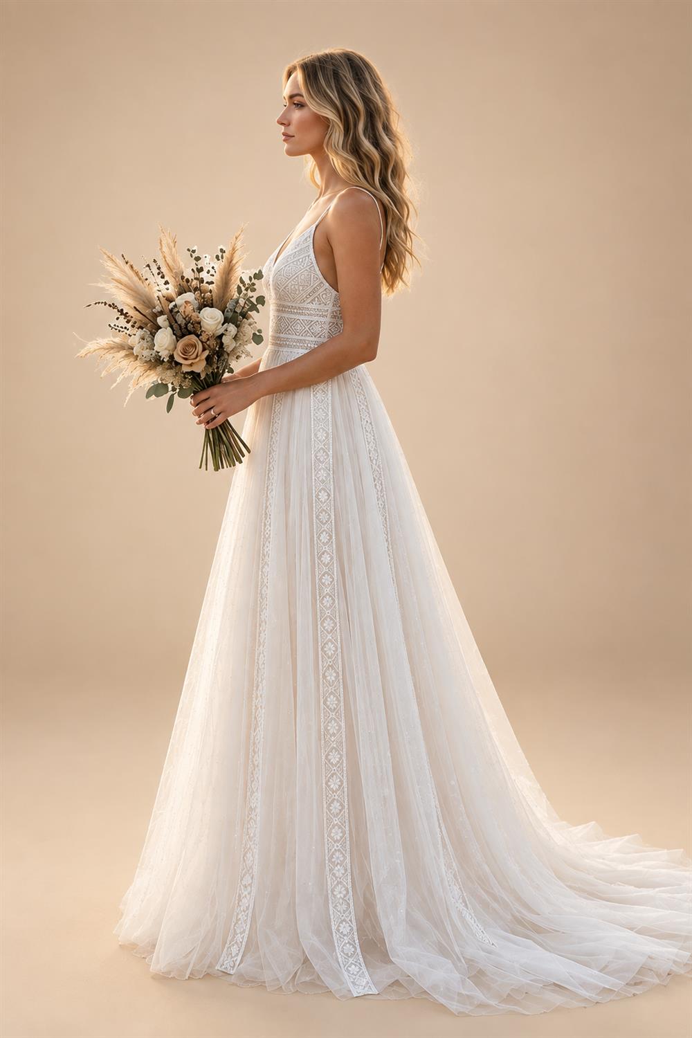 Boho Spaghetti Straps Wedding Dresses Cheap Sexy Bride Lace Beach Wedding Gown V Neck Customized