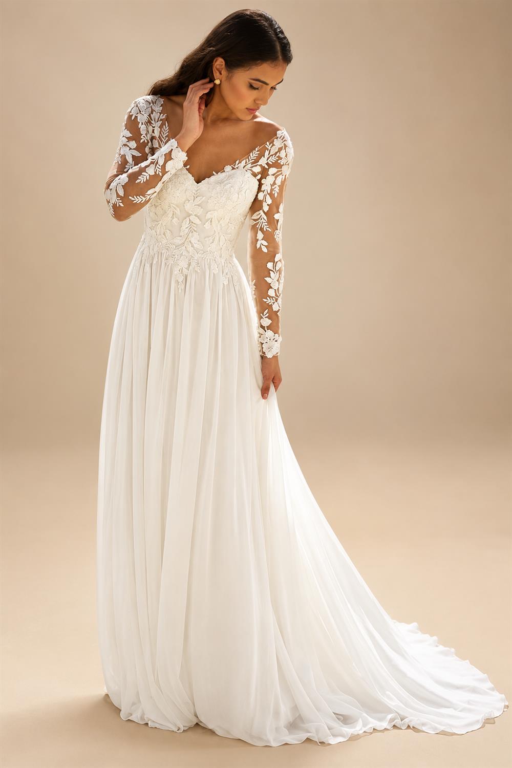 Boho Beach V-Neck Lace Chiffon Wedding Dress for Women A-Line Sweep Train Long Sleeves Bride Gown Vestido Customized