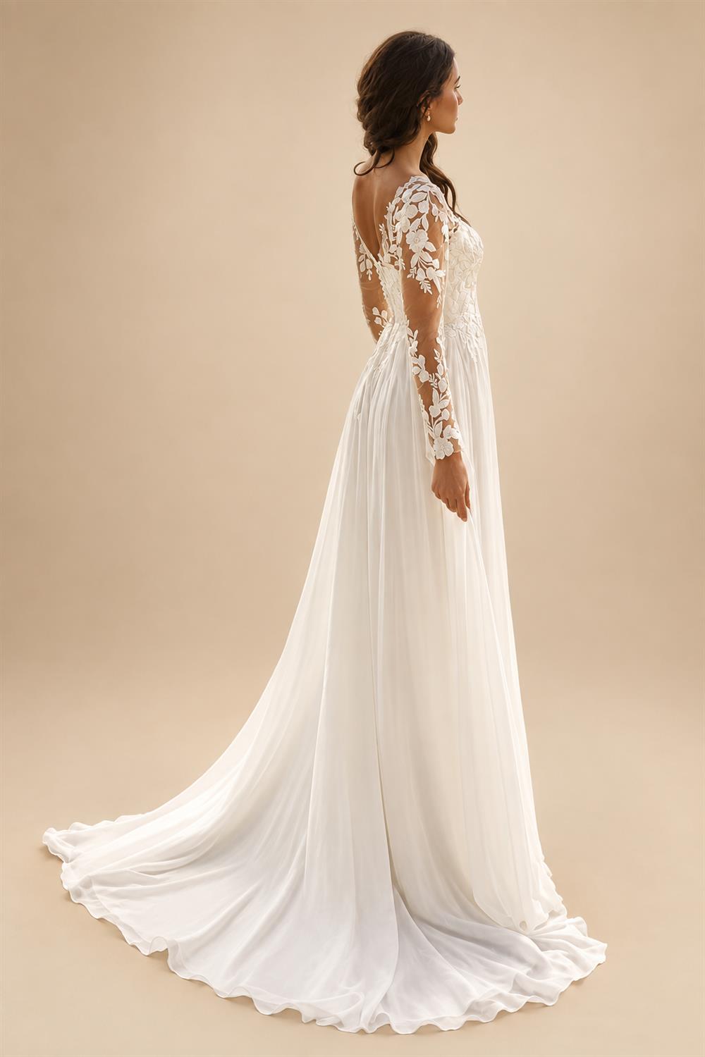 Boho Beach V-Neck Lace Chiffon Wedding Dress for Women A-Line Sweep Train Long Sleeves Bride Gown Vestido Customized