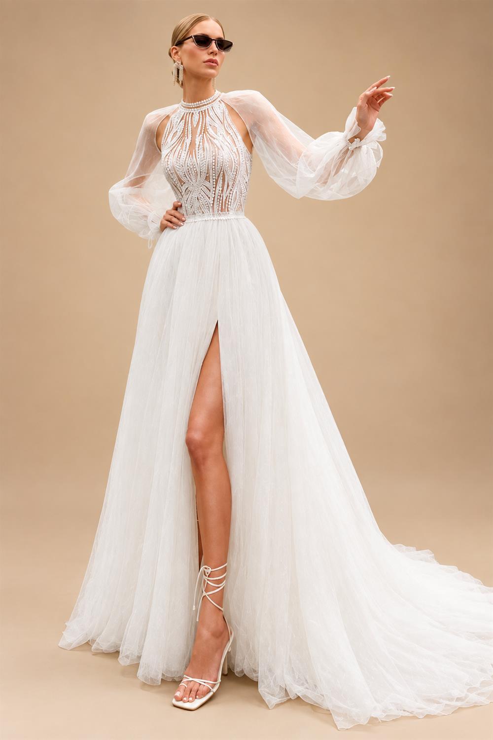 High Neck Wedding Gown with Removable Sleeves Tulle Slit Wedding Dress Bridal Dress for Wedding Events Customized