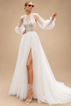 High Neck Wedding Gown with Removable Sleeves Tulle Slit Wedding Dress Bridal Dress for Wedding Events Customized