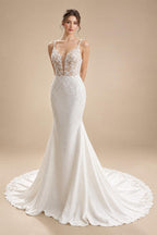 Lace Appliques Beading Mermaid /Trumpet Wedding Dresses Chapel Train V-Neck Spaghetti Straps Bridal Gown Customized