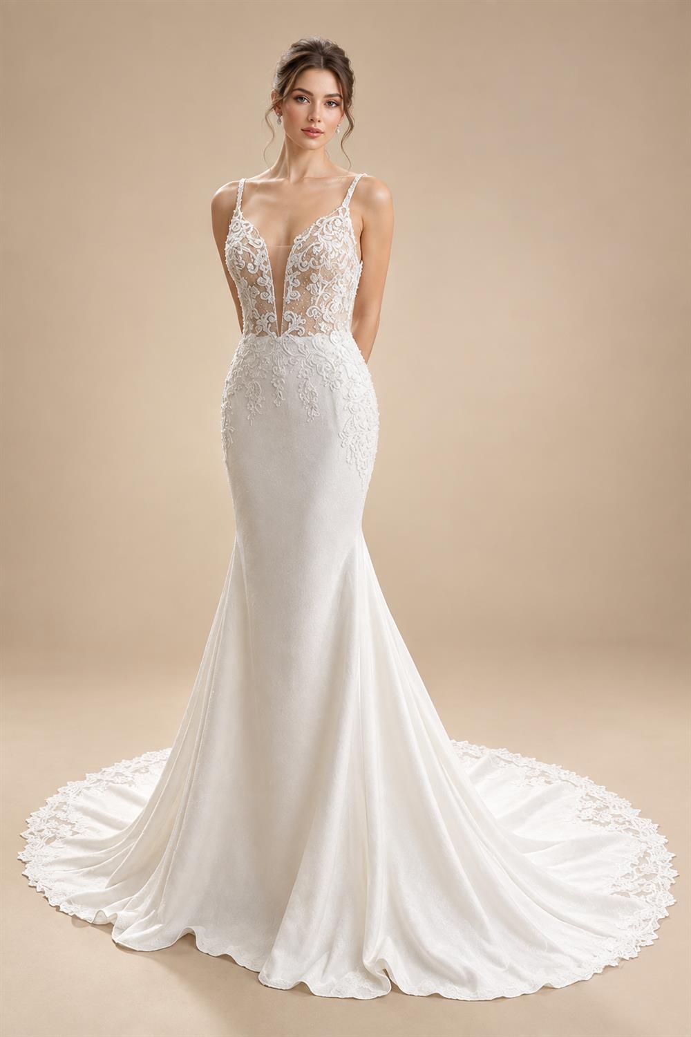 Lace Appliques Beading Mermaid /Trumpet Wedding Dresses Chapel Train V-Neck Spaghetti Straps Bridal Gown Customized