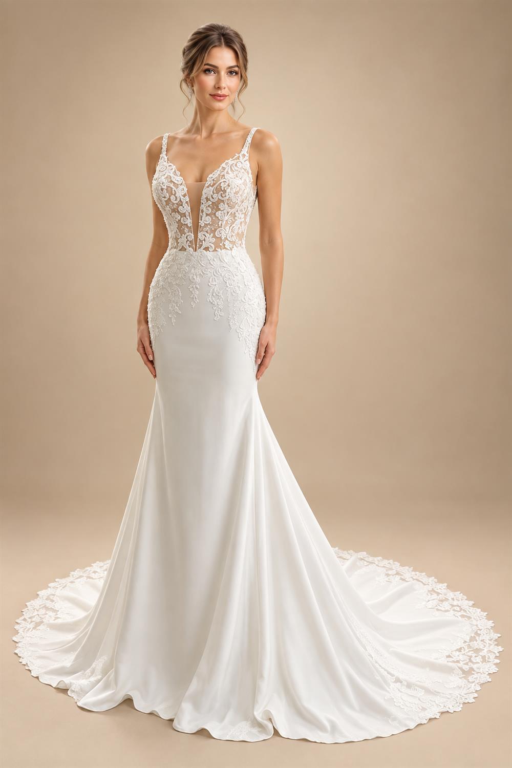 Lace Appliques Beading Mermaid /Trumpet Wedding Dresses Chapel Train V-Neck Spaghetti Straps Bridal Gown Customized