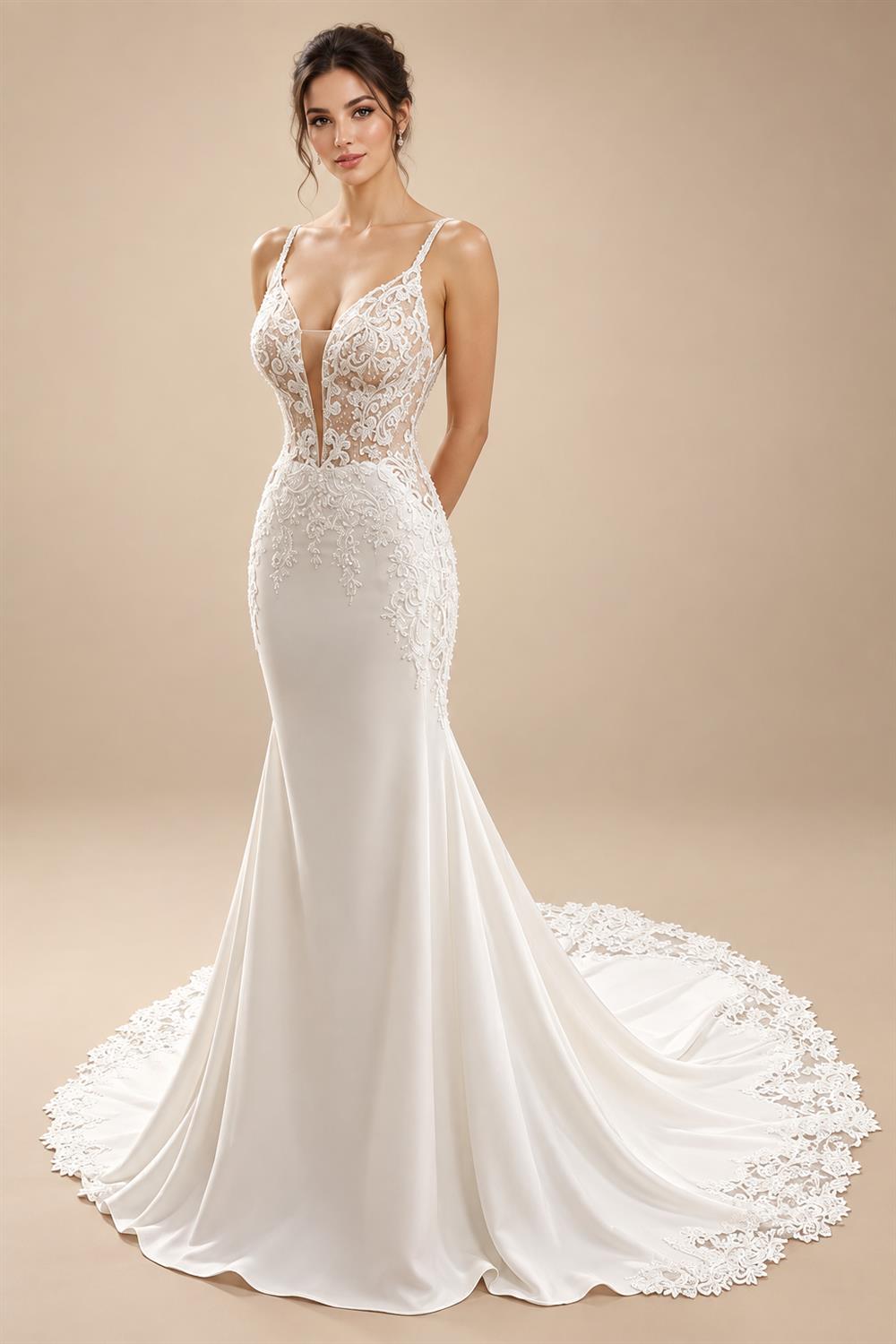 Lace Appliques Beading Mermaid /Trumpet Wedding Dresses Chapel Train V-Neck Spaghetti Straps Bridal Gown Customized