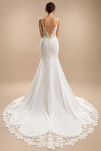 Lace Appliques Beading Mermaid /Trumpet Wedding Dresses Chapel Train V-Neck Spaghetti Straps Bridal Gown Customized