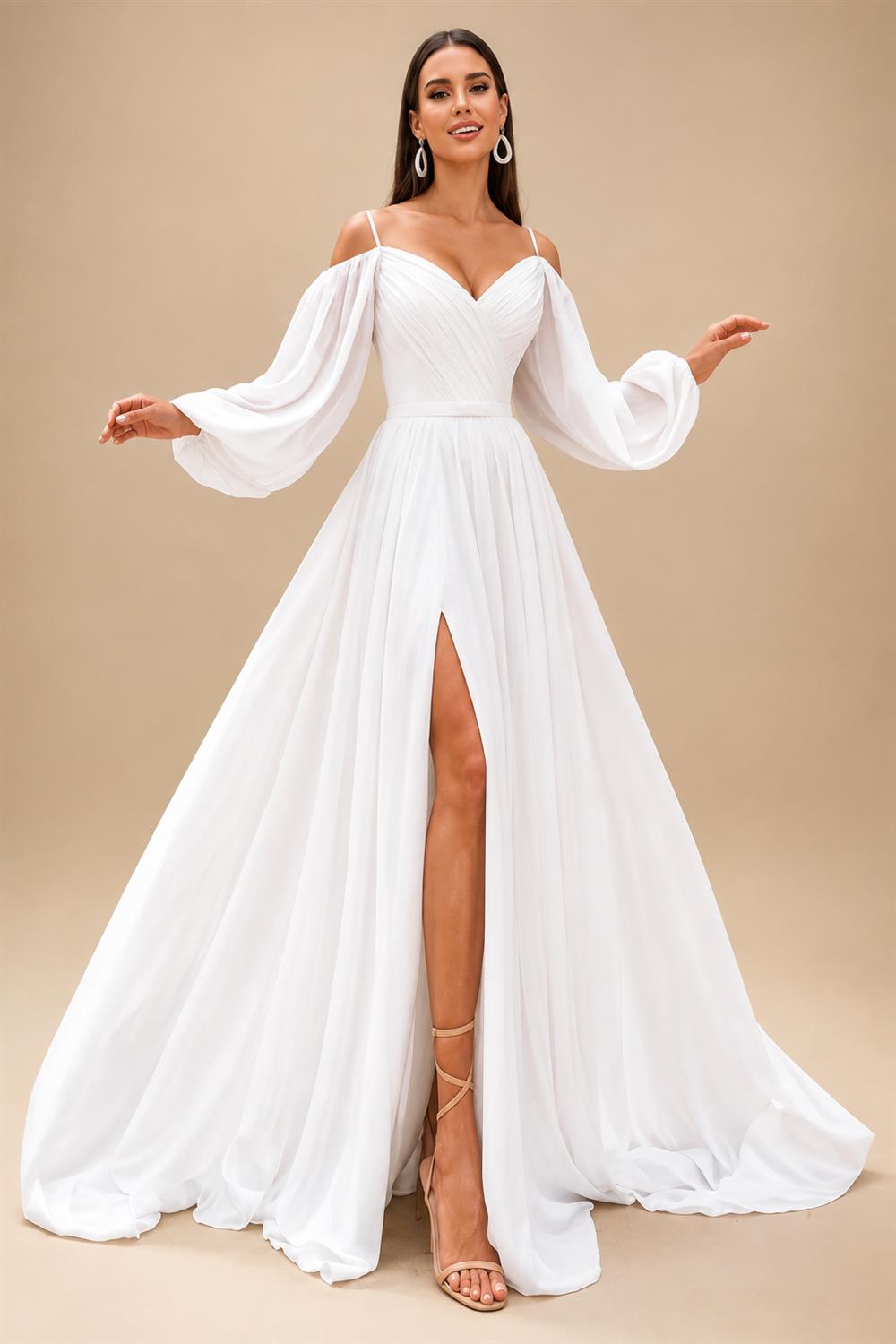 A Line Women's Chiffon Wedding Dresses Customized Side Slit Bride Gowns Boat Neck Long Sleeves Vestidos Novias Boda