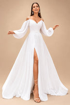 A Line Women's Chiffon Wedding Dresses Customized Side Slit Bride Gowns Boat Neck Long Sleeves Vestidos Novias Boda