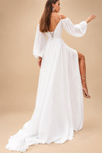 A Line Women's Chiffon Wedding Dresses Customized Side Slit Bride Gowns Boat Neck Long Sleeves Vestidos Novias Boda
