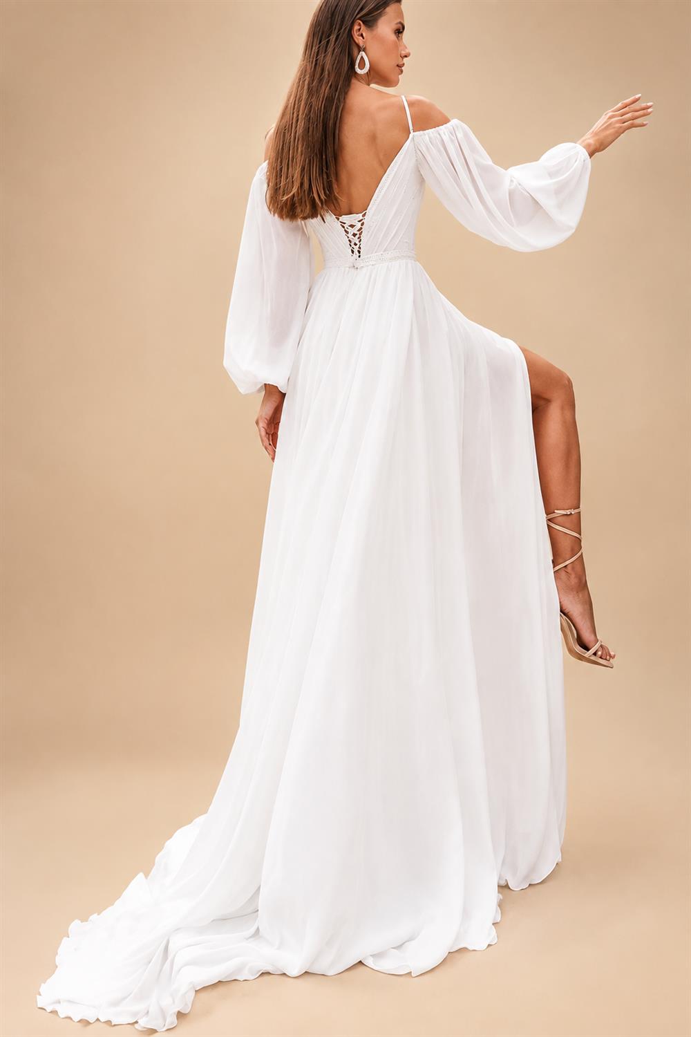 A Line Women's Chiffon Wedding Dresses Customized Side Slit Bride Gowns Boat Neck Long Sleeves Vestidos Novias Boda