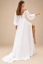 A Line Women's Chiffon Wedding Dresses Customized Side Slit Bride Gowns Boat Neck Long Sleeves Vestidos Novias Boda