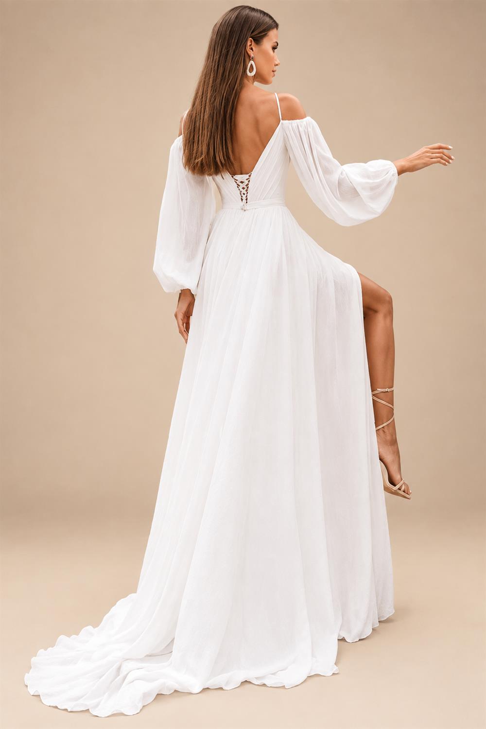 A Line Women's Chiffon Wedding Dresses Customized Side Slit Bride Gowns Boat Neck Long Sleeves Vestidos Novias Boda