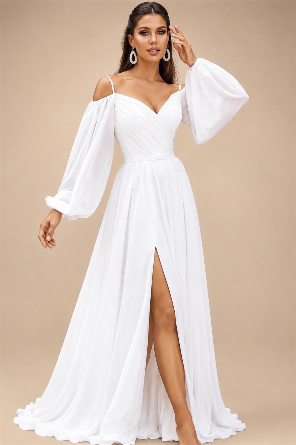 A Line Women's Chiffon Wedding Dresses Customized Side Slit Bride Gowns Boat Neck Long Sleeves Vestidos Novias Boda