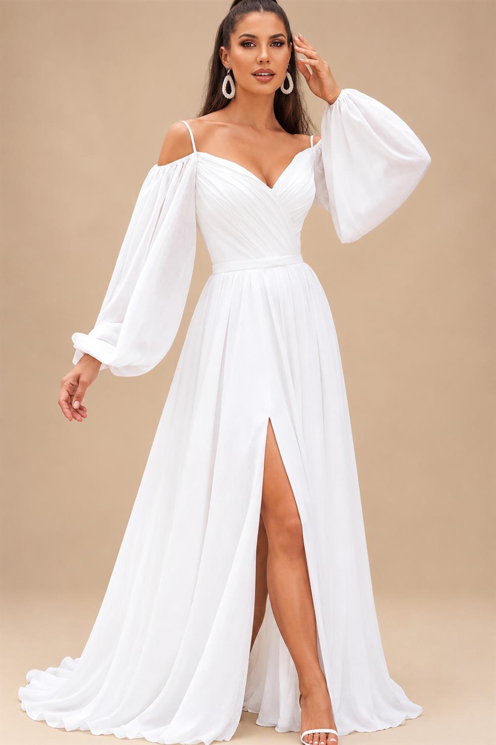 A Line Women's Chiffon Wedding Dresses Customized Side Slit Bride Gowns Boat Neck Long Sleeves Vestidos Novias Boda