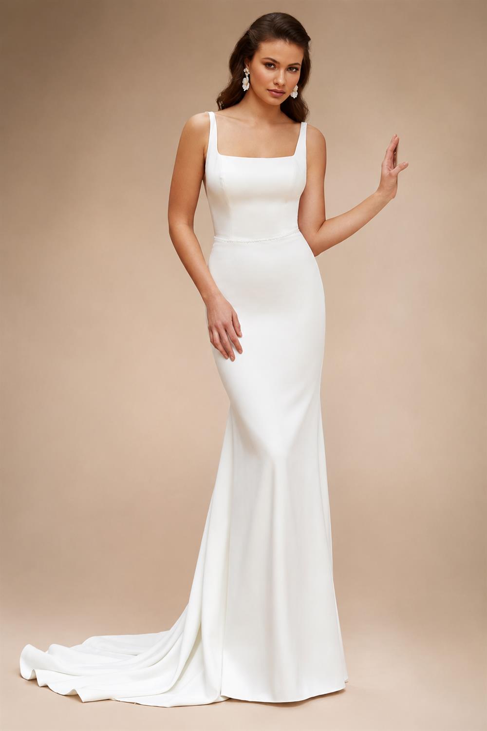 Long Crepe Sqaure Collar Wedding Dresses Mermaid Sweep Train Button Back Bridal Dress Customized vestido de noiva