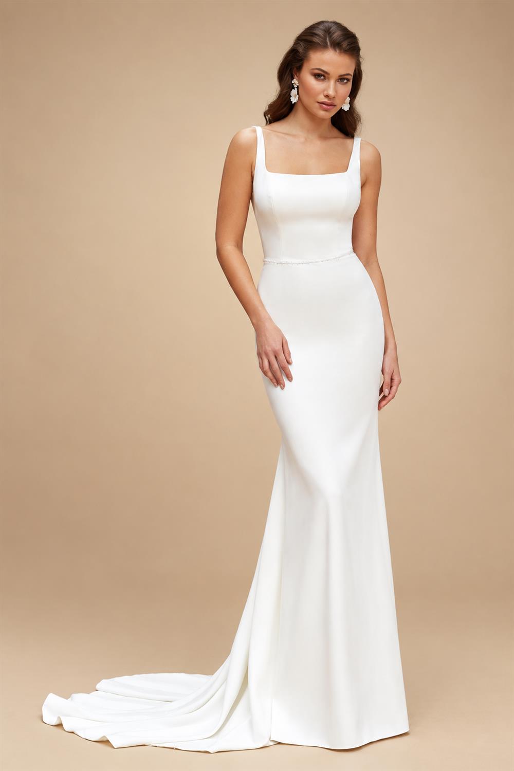Long Crepe Sqaure Collar Wedding Dresses Mermaid Sweep Train Button Back Bridal Dress Customized vestido de noiva