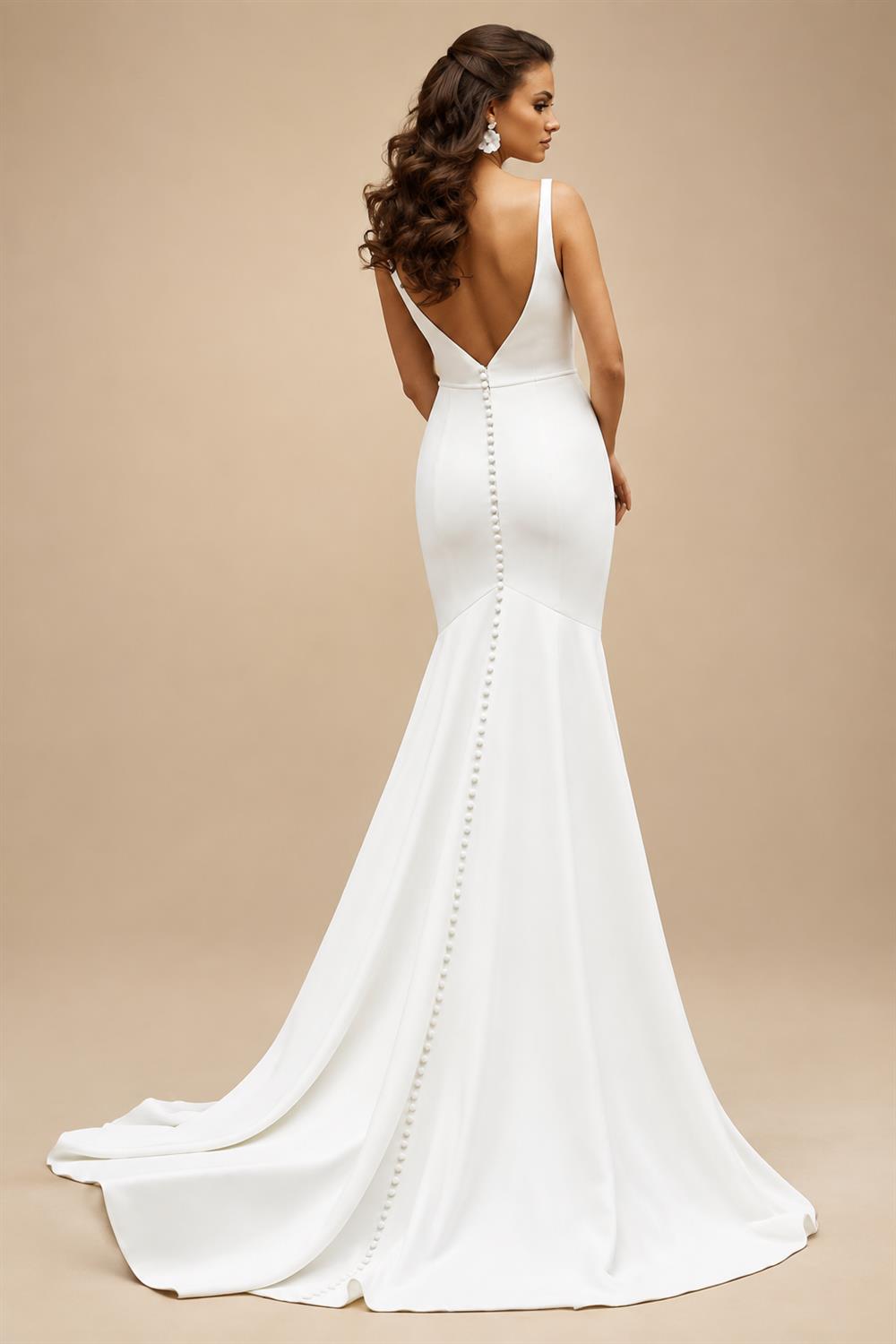 Long Crepe Sqaure Collar Wedding Dresses Mermaid Sweep Train Button Back Bridal Dress Customized vestido de noiva