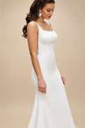 Long Crepe Sqaure Collar Wedding Dresses Mermaid Sweep Train Button Back Bridal Dress Customized vestido de noiva