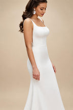Long Crepe Sqaure Collar Wedding Dresses Mermaid Sweep Train Button Back Bridal Dress Customized vestido de noiva