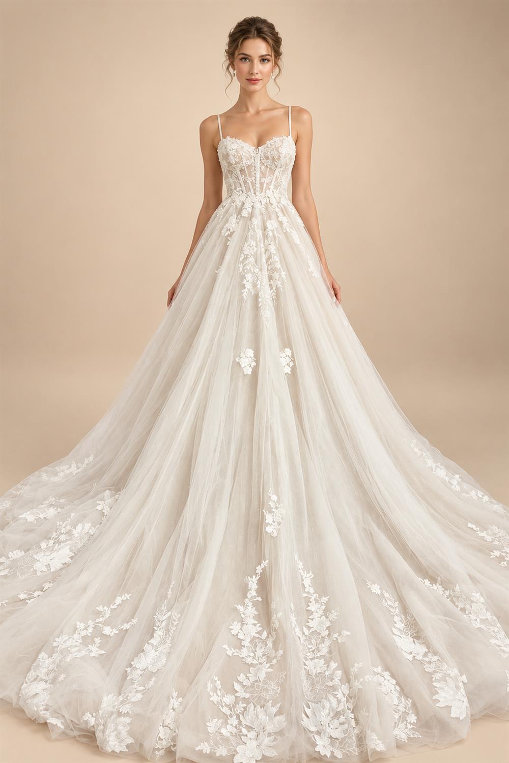Princess Lace Wedding Dress Bridal Robe 2024 Vestido Spaghetti Straps Chapel Train Champagne Tulle Wedding Gown (ZD02147)
