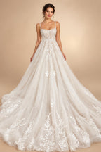 Princess Lace Wedding Dress Bridal Robe 2024 Vestido Spaghetti Straps Chapel Train Champagne Tulle Wedding Gown (ZD02147)