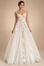 Princess Lace Wedding Dress Bridal Robe 2024 Vestido Spaghetti Straps Chapel Train Champagne Tulle Wedding Gown (ZD02147)