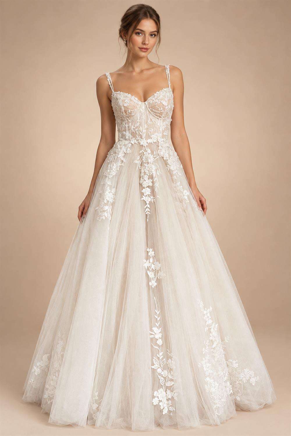 Princess Lace Wedding Dress Bridal Robe 2024 Vestido Spaghetti Straps Chapel Train Champagne Tulle Wedding Gown (ZD02147)