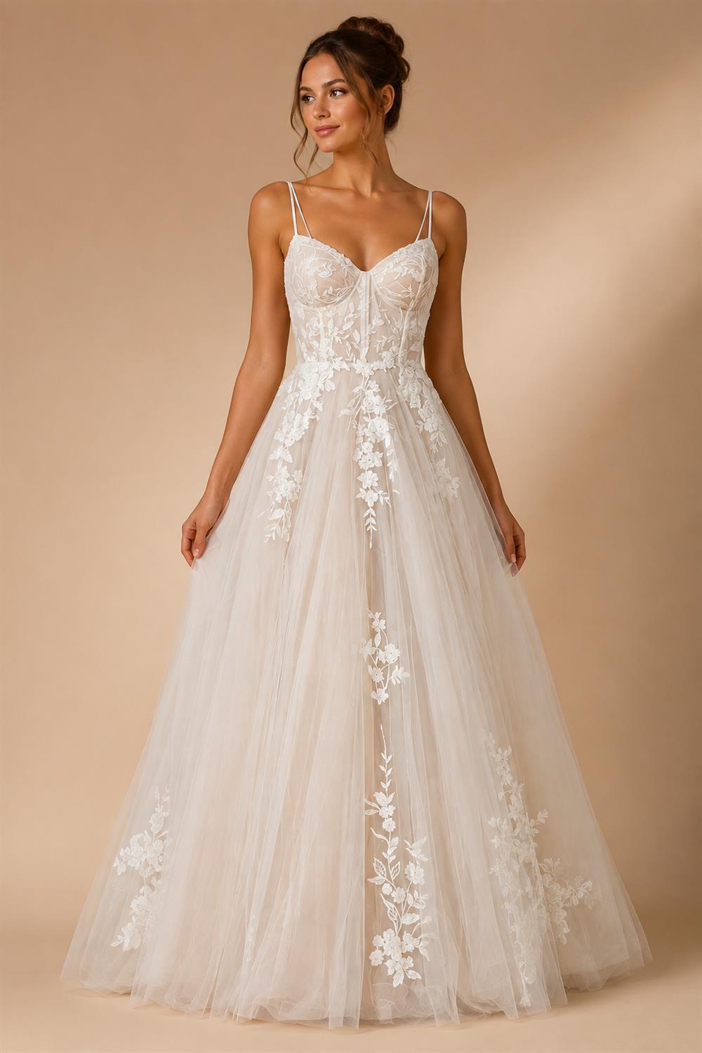 Princess Lace Wedding Dress Bridal Robe 2024 Vestido Spaghetti Straps Chapel Train Champagne Tulle Wedding Gown (ZD02147)