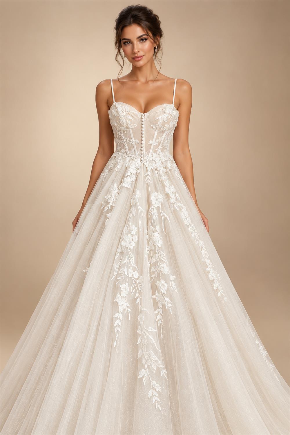 Princess Lace Wedding Dress Bridal Robe 2024 Vestido Spaghetti Straps Chapel Train Champagne Tulle Wedding Gown (ZD02147)