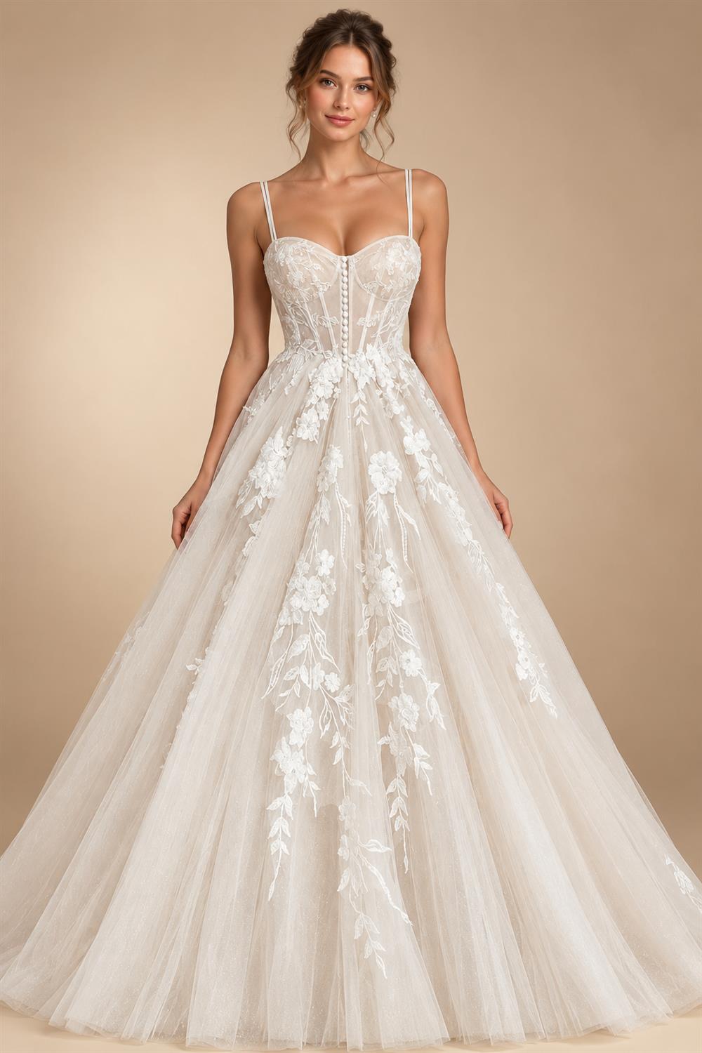 Princess Lace Wedding Dress Bridal Robe 2024 Vestido Spaghetti Straps Chapel Train Champagne Tulle Wedding Gown (ZD02147)