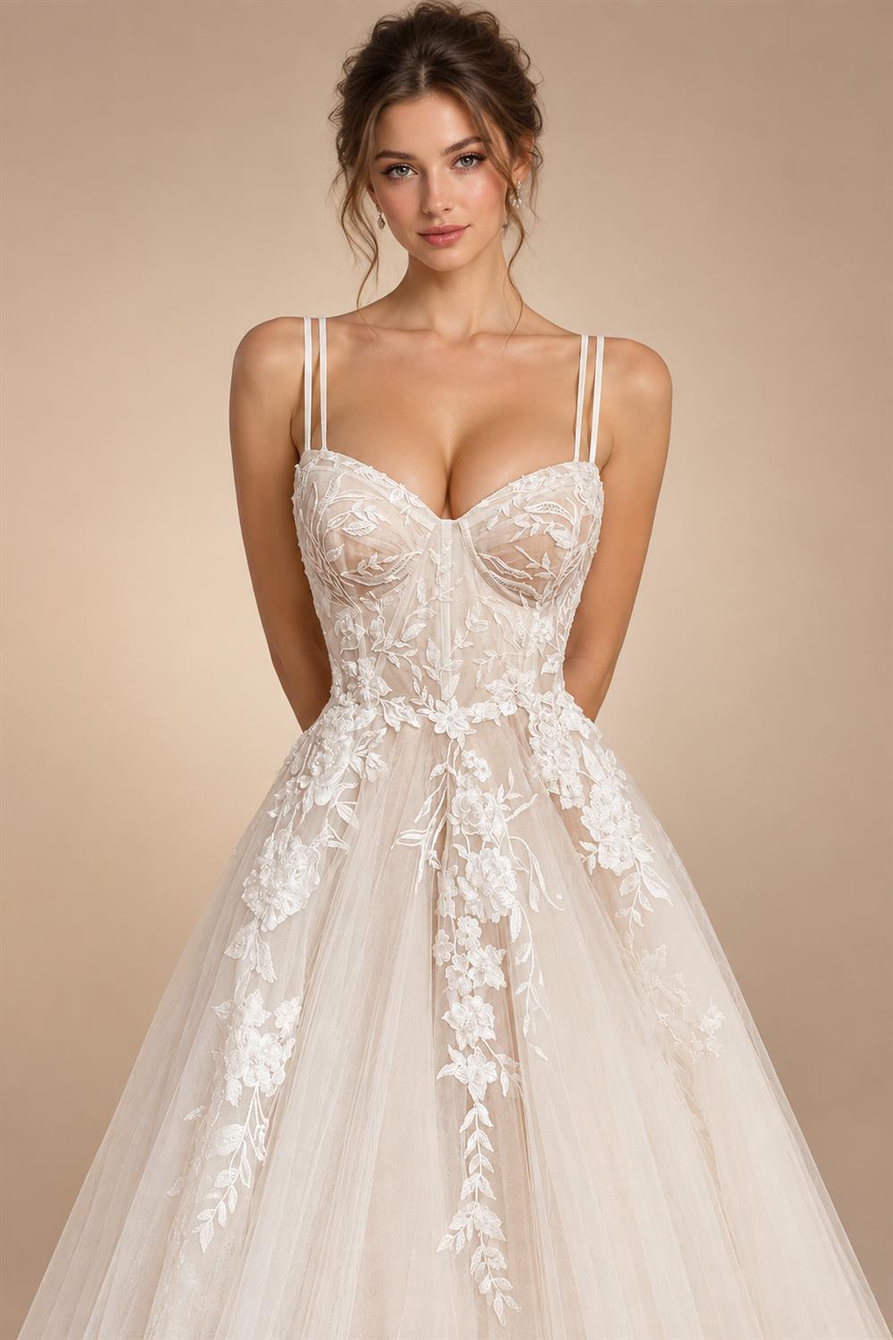 Princess Lace Wedding Dress Bridal Robe 2024 Vestido Spaghetti Straps Chapel Train Champagne Tulle Wedding Gown (ZD02147)