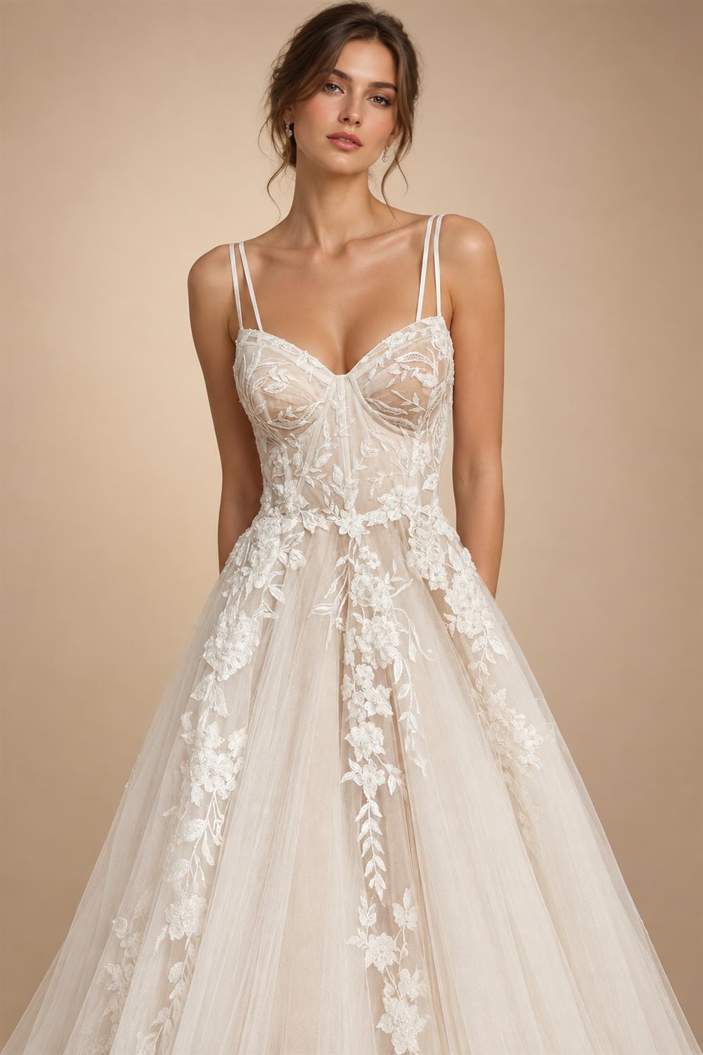 Princess Lace Wedding Dress Bridal Robe 2024 Vestido Spaghetti Straps Chapel Train Champagne Tulle Wedding Gown (ZD02147)