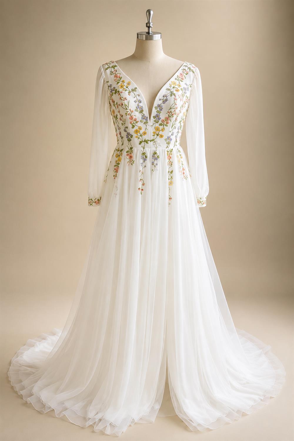 Embroidery Flower Puff Sleeve Boho Wedding Dress Lace Up Back Chiffon Floor-length A-line Bridal Gown Customized