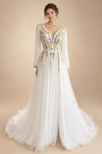 Embroidery Flower Puff Sleeve Boho Wedding Dress Lace Up Back Chiffon Floor-length A-line Bridal Gown Customized
