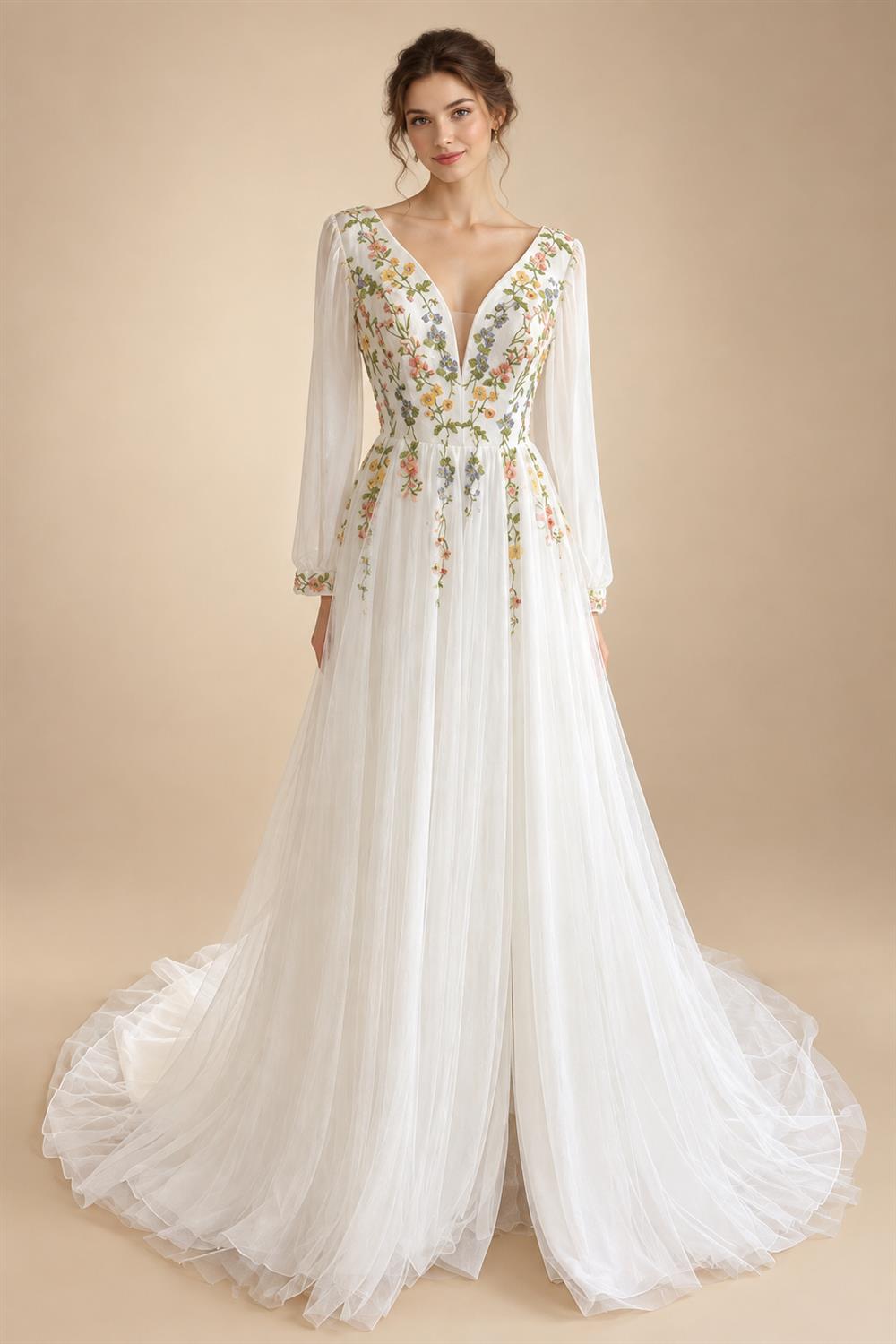 Embroidery Flower Puff Sleeve Boho Wedding Dress Lace Up Back Chiffon Floor-length A-line Bridal Gown Customized