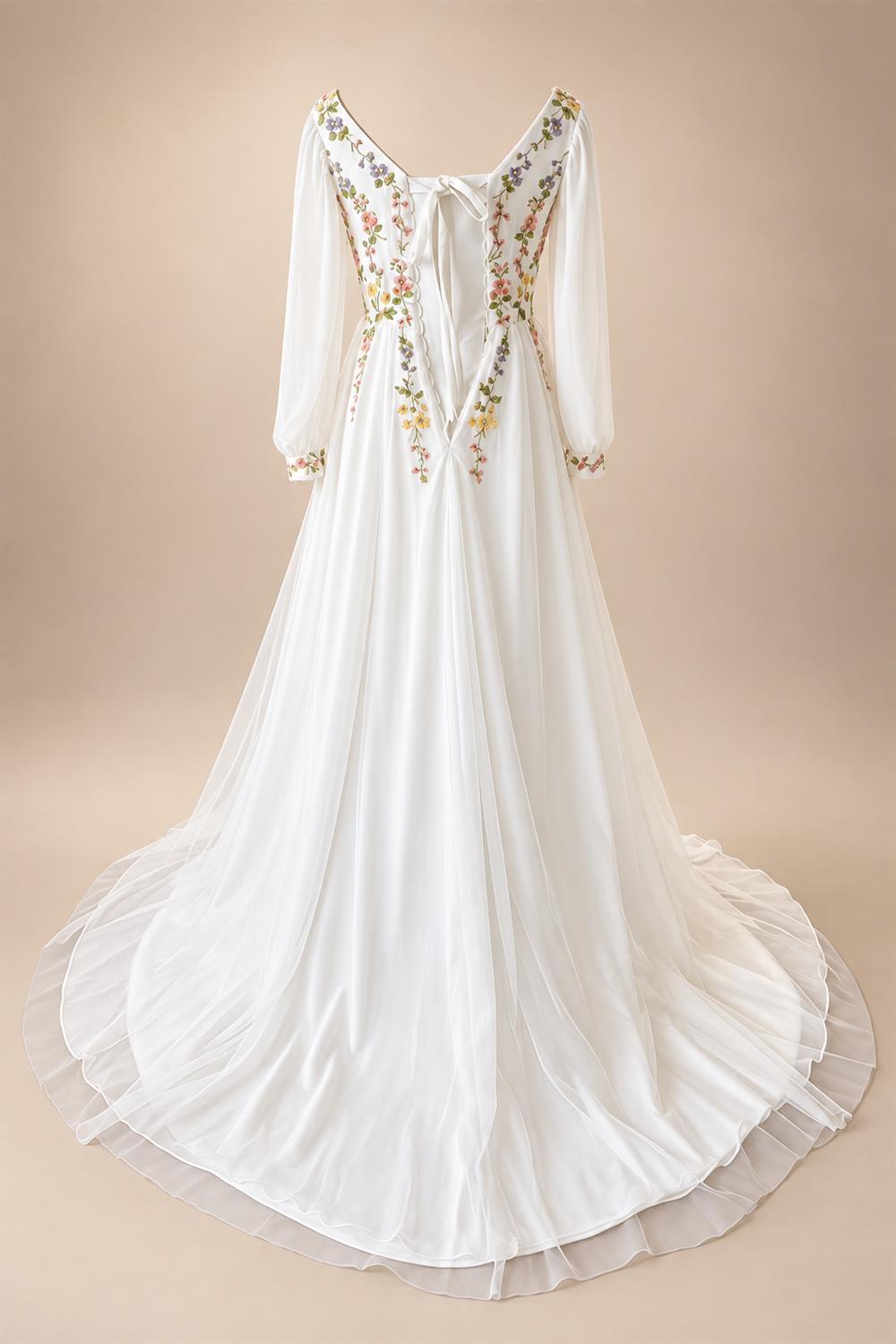 Embroidery Flower Puff Sleeve Boho Wedding Dress Lace Up Back Chiffon Floor-length A-line Bridal Gown Customized