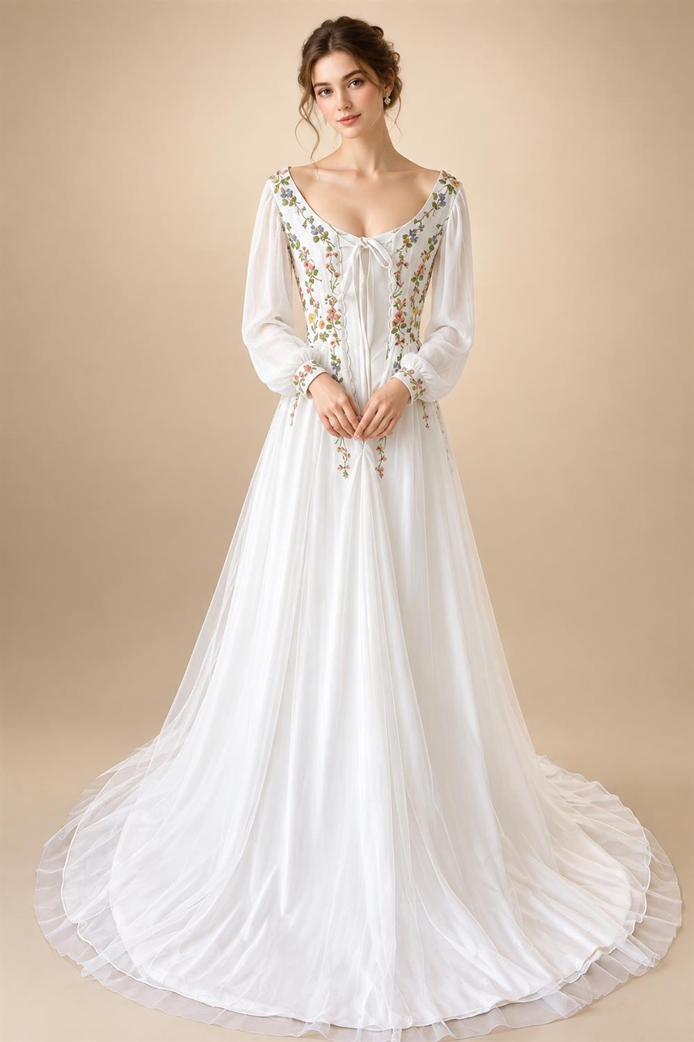 Embroidery Flower Puff Sleeve Boho Wedding Dress Lace Up Back Chiffon Floor-length A-line Bridal Gown Customized