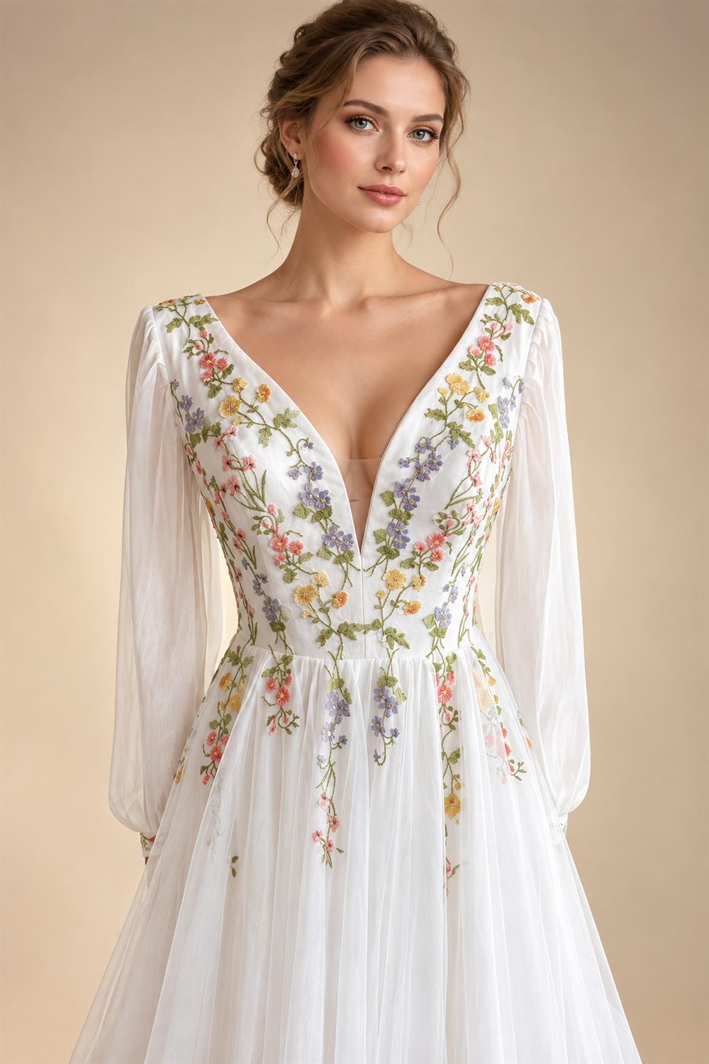 Embroidery Flower Puff Sleeve Boho Wedding Dress Lace Up Back Chiffon Floor-length A-line Bridal Gown Customized
